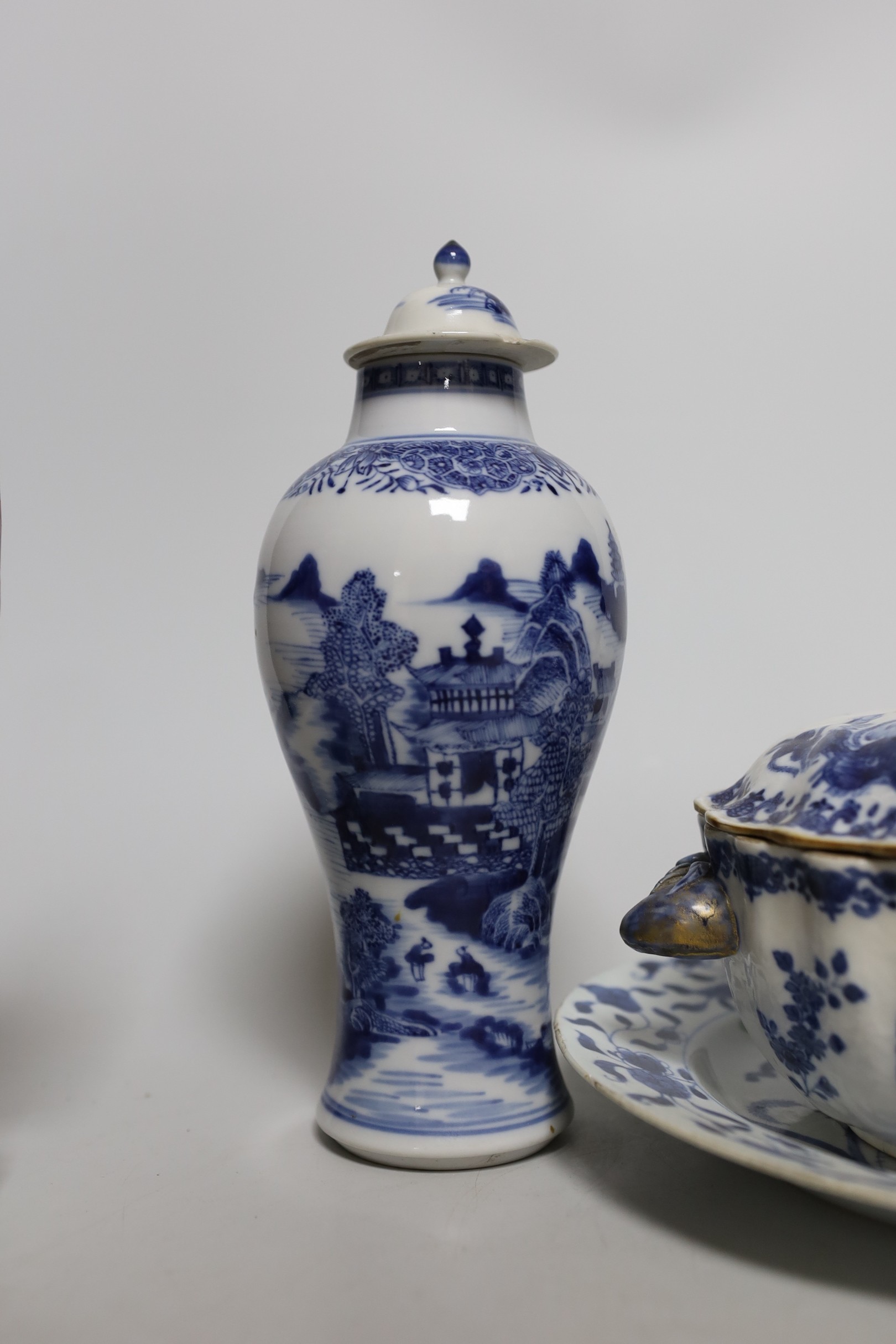 A group of 18th century Chinese export ceramics, together with a pair of Chinese Jiaqing enamelled porcelain figures of immortals, tallest 22cm